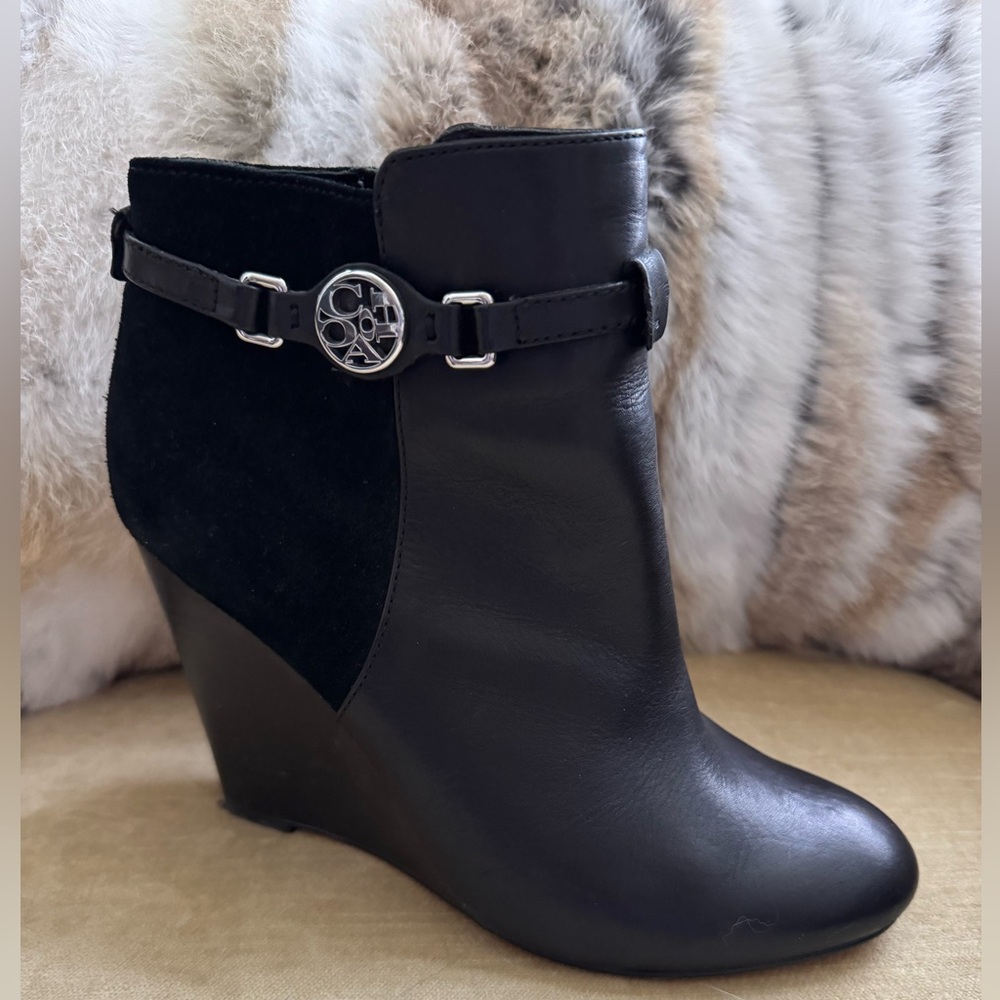 Coach Black Suede & Leather Wedge Ankle Boots